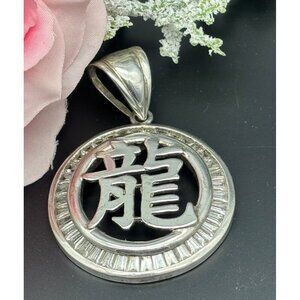 Cool Unisex Round Pendant with Baguette Crystals and Chinese Script Dragon Silve